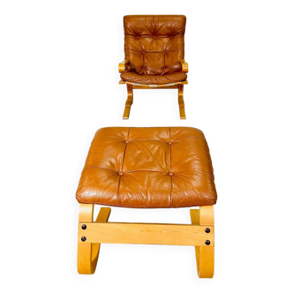 Chaise et pouf en cuir norvégien vintage par oddvin rykken
