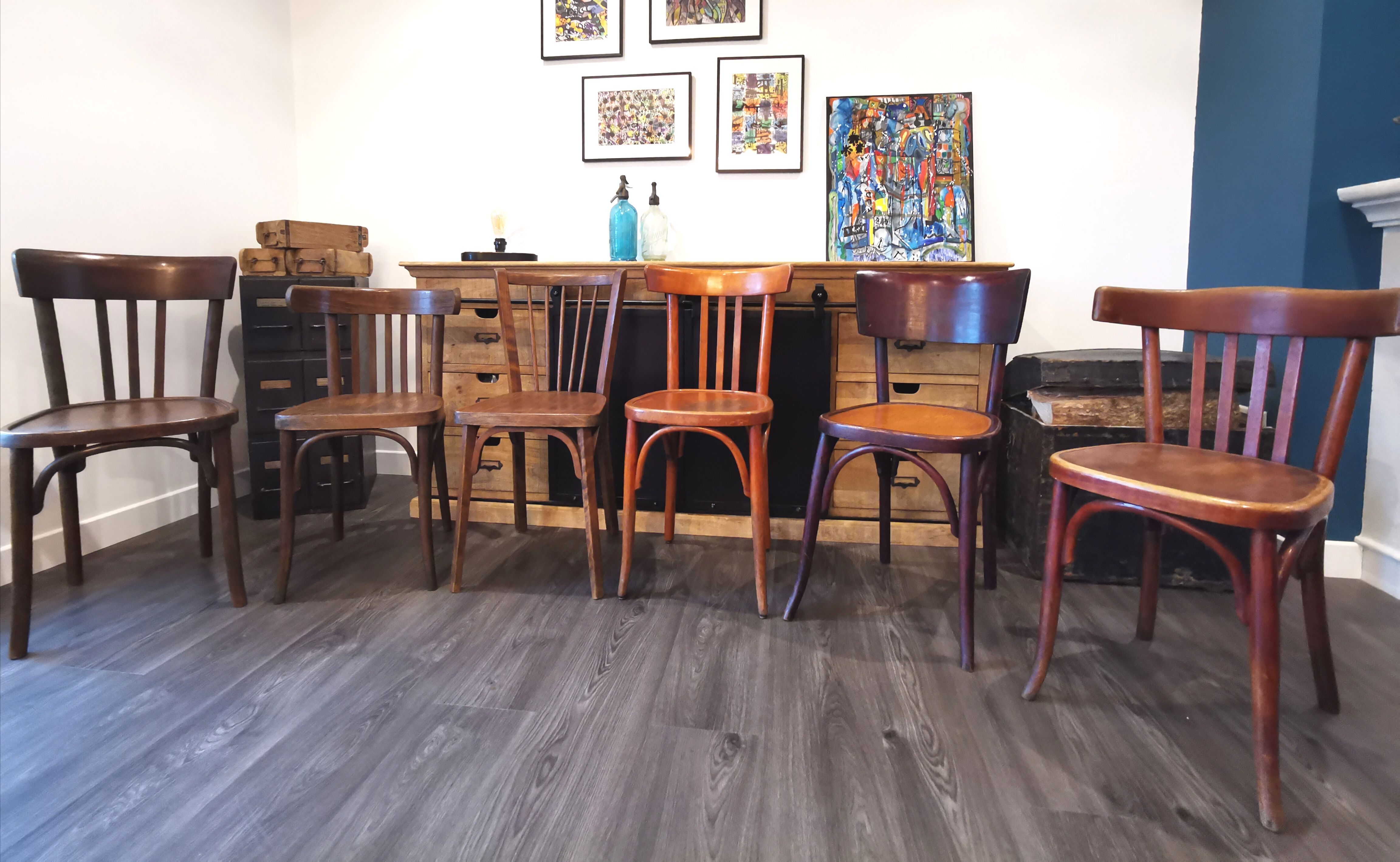 Series of 6 mismatched bistro chairs Baumann and Mahieu