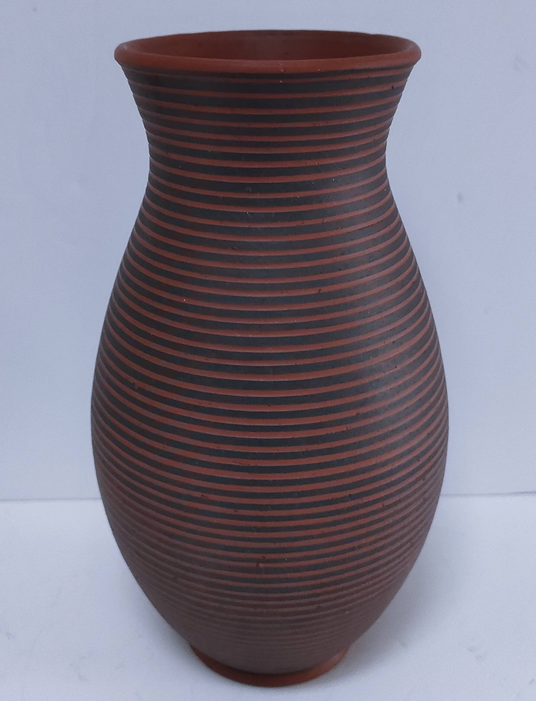 two-tone striped clay vase from the 1960s, signed