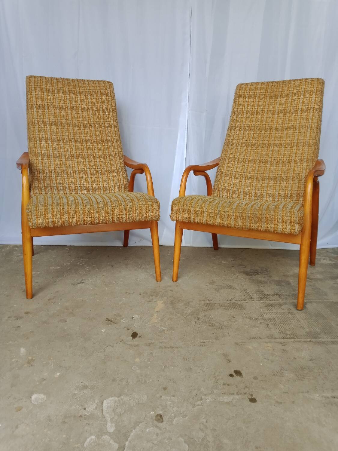 60s wood and fabric armchairs