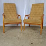 60s wood and fabric armchairs