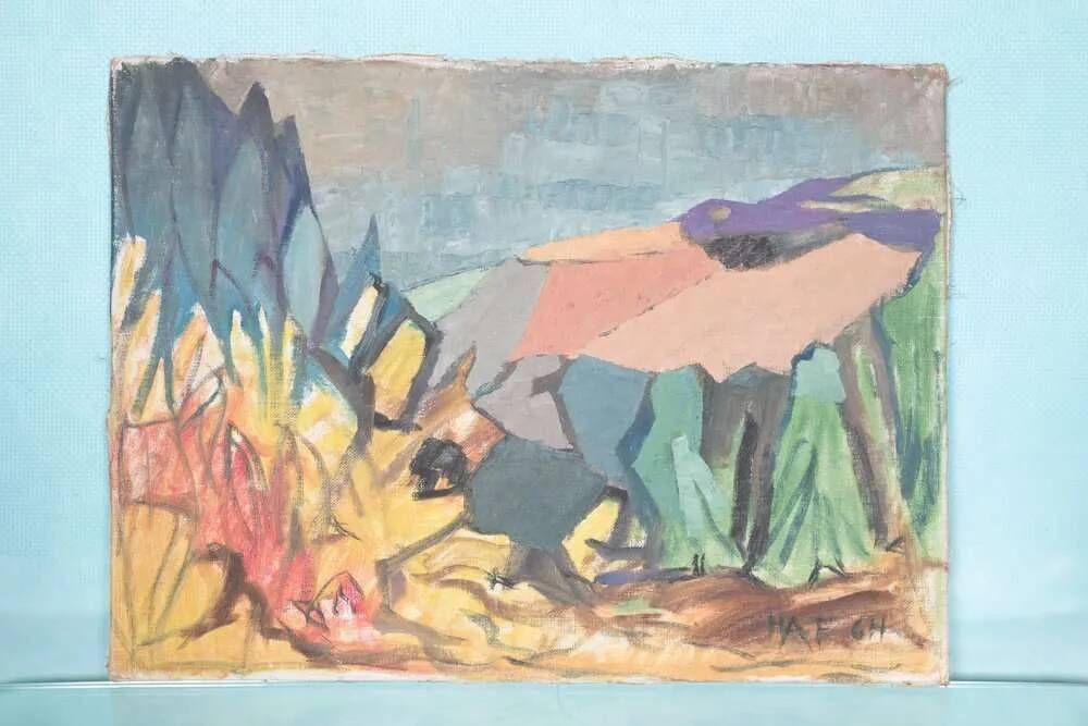 Danish tableau from the 1960s on canvas, colourful art of mountains and valleys.