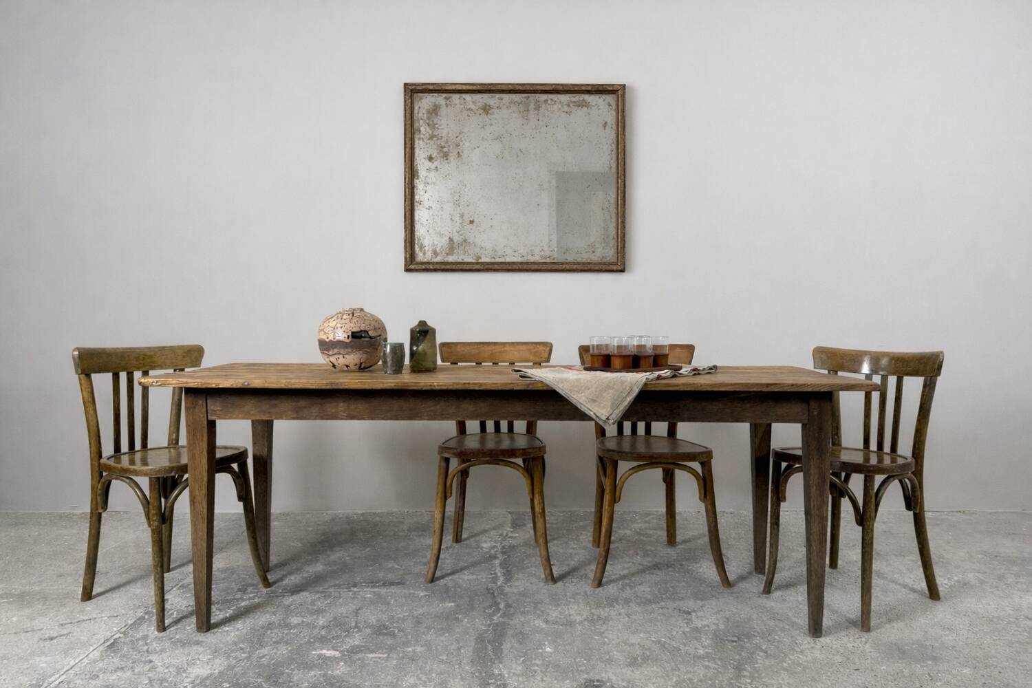 Old farmhouse table with tapered legs, late 19th to early 20th century.