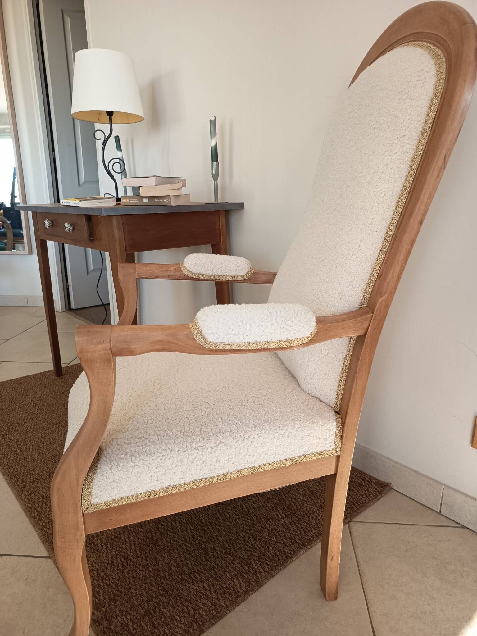 Voltaire armchair in boucle fabric