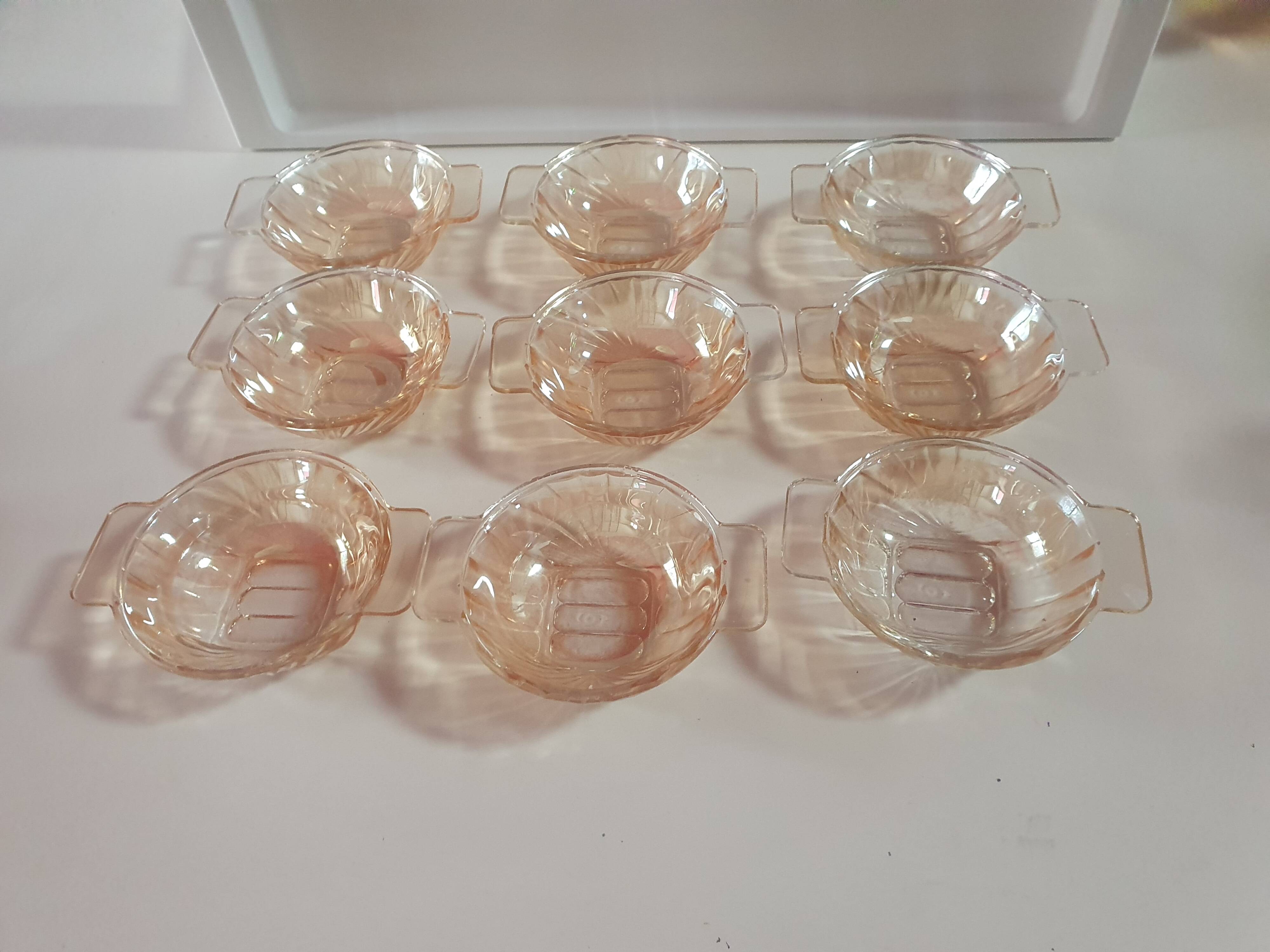 Set of 9 vintage amber glass bowl ramekins with handles