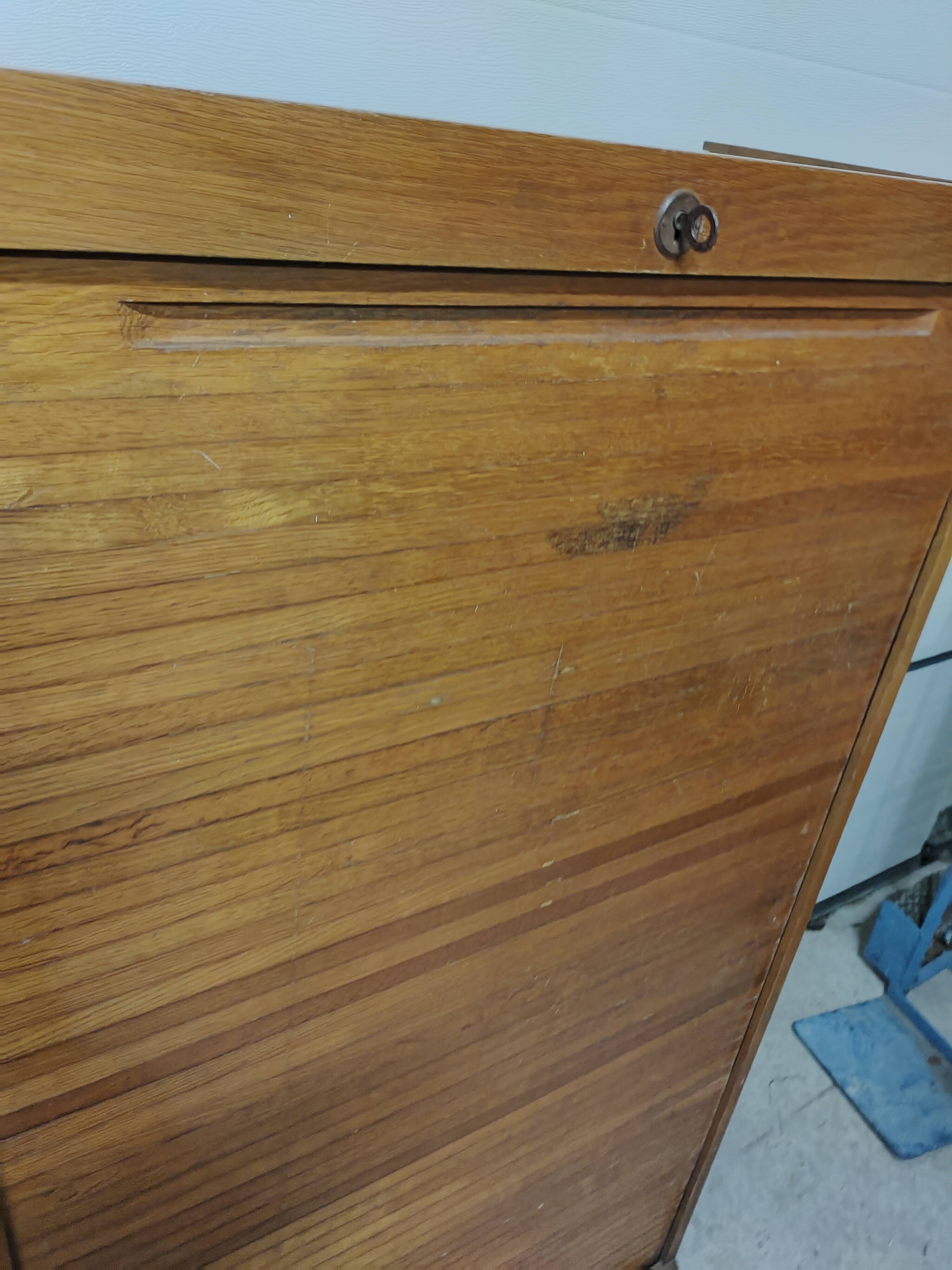 50s-60s double curtain filing cabinet in oak