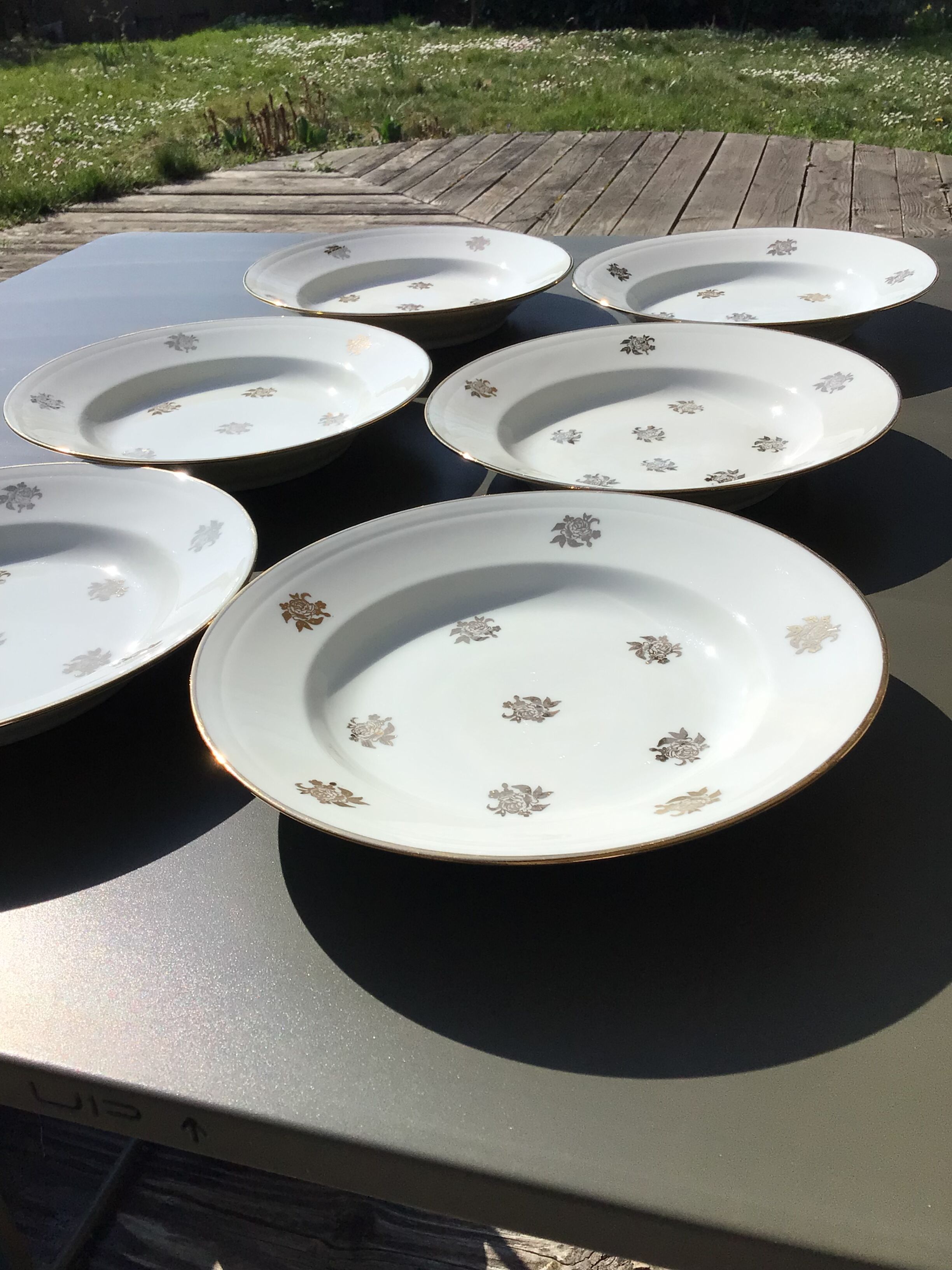 6 assiettes creuses porcelaine ivoire décor or roses