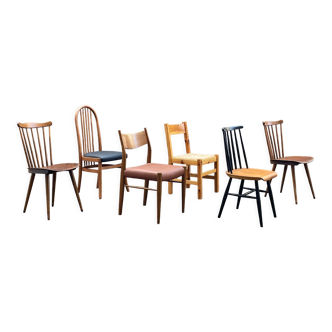 Series of 6 mismatched vintage chairs