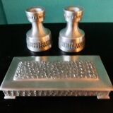 Pair of white pewter candlesticks decorated with bas-relief. "Perletin". Norway 1960