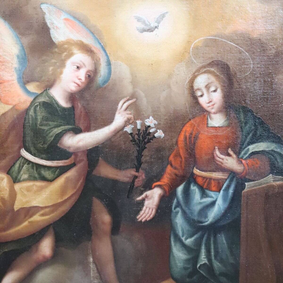 The Annunciation, Italy, 17th Century, Antique Oil Painting On Canvas