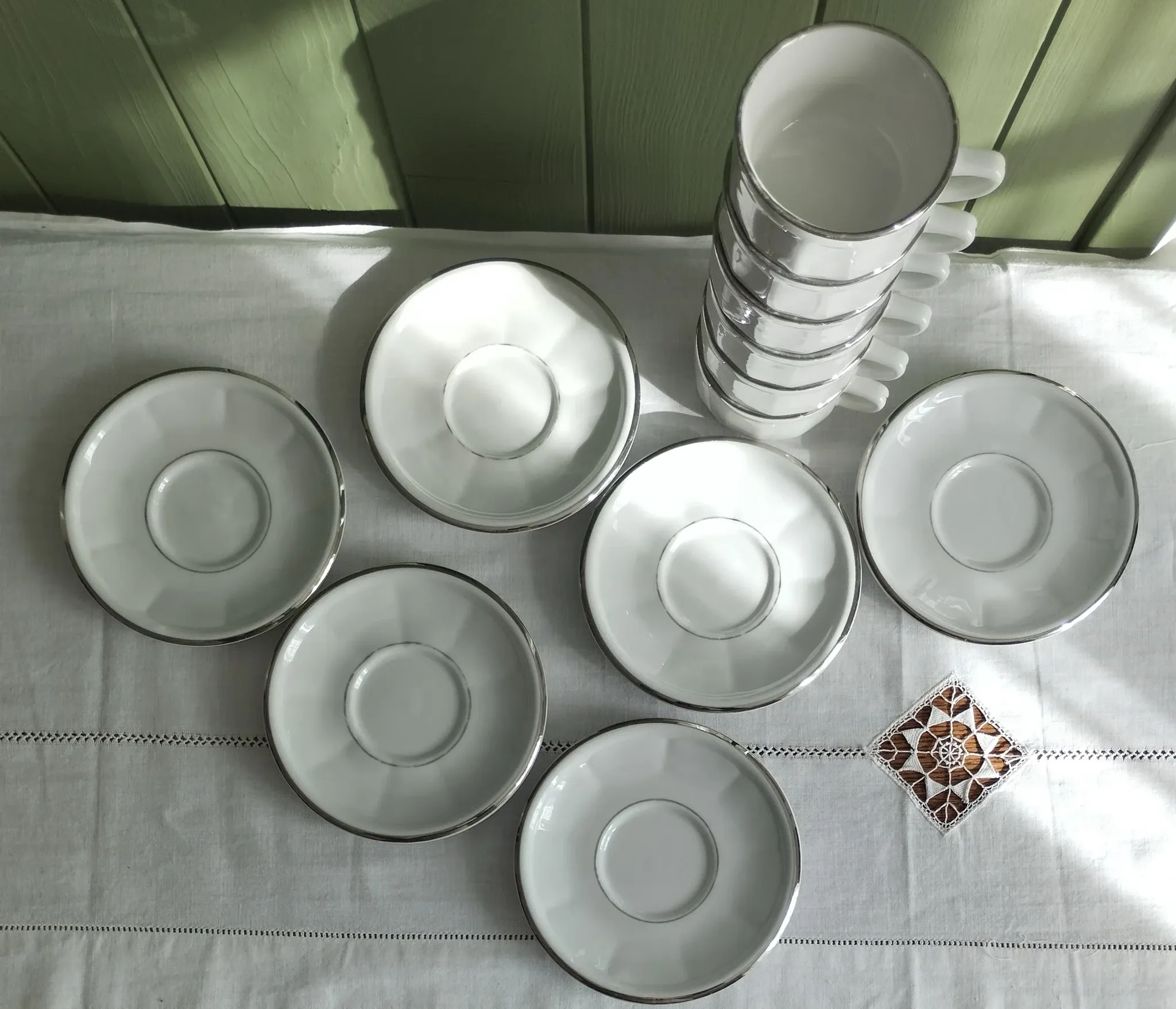 6 white porcelain coffee cups with silver trim Apilco Deshoulières