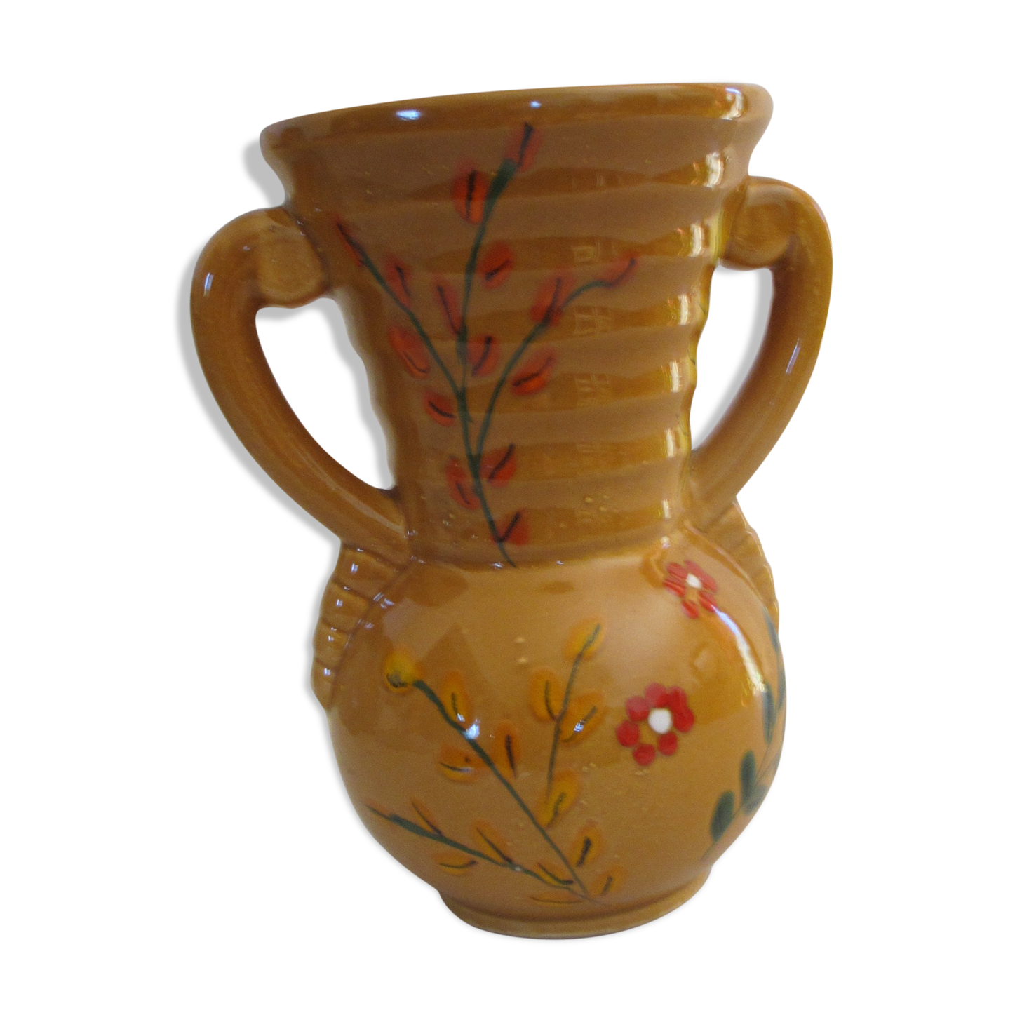 Yellow ceramic vase with motifs, 70s