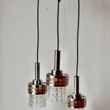 Triple vintage pendant light in molded glass, chrome metal and orange plastic - Space Age Design