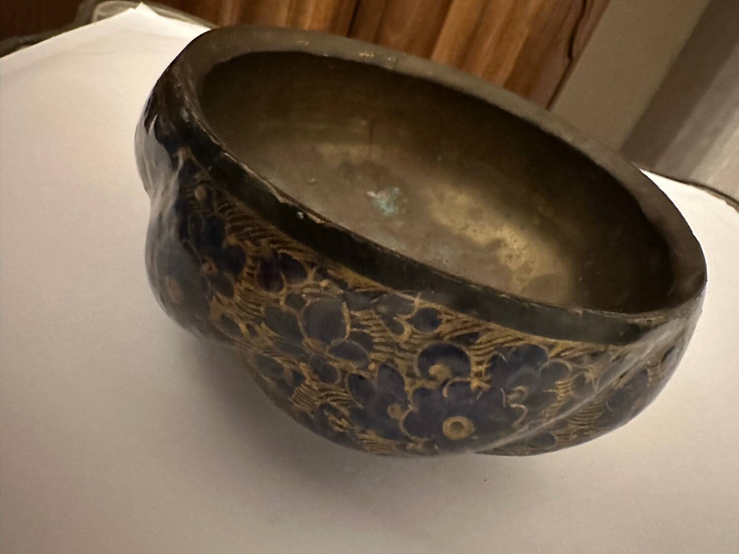 Orientalist Bowl with Hand-Painted Midnight Blue and Gold Floral Decor