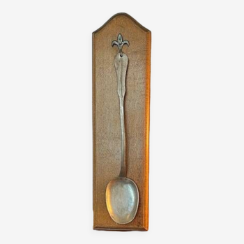OLD TIN STEWING SPOON ON WOODEN BASE