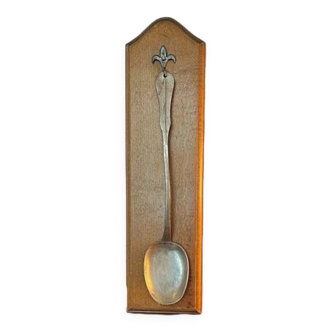 OLD TIN STEWING SPOON ON WOODEN BASE