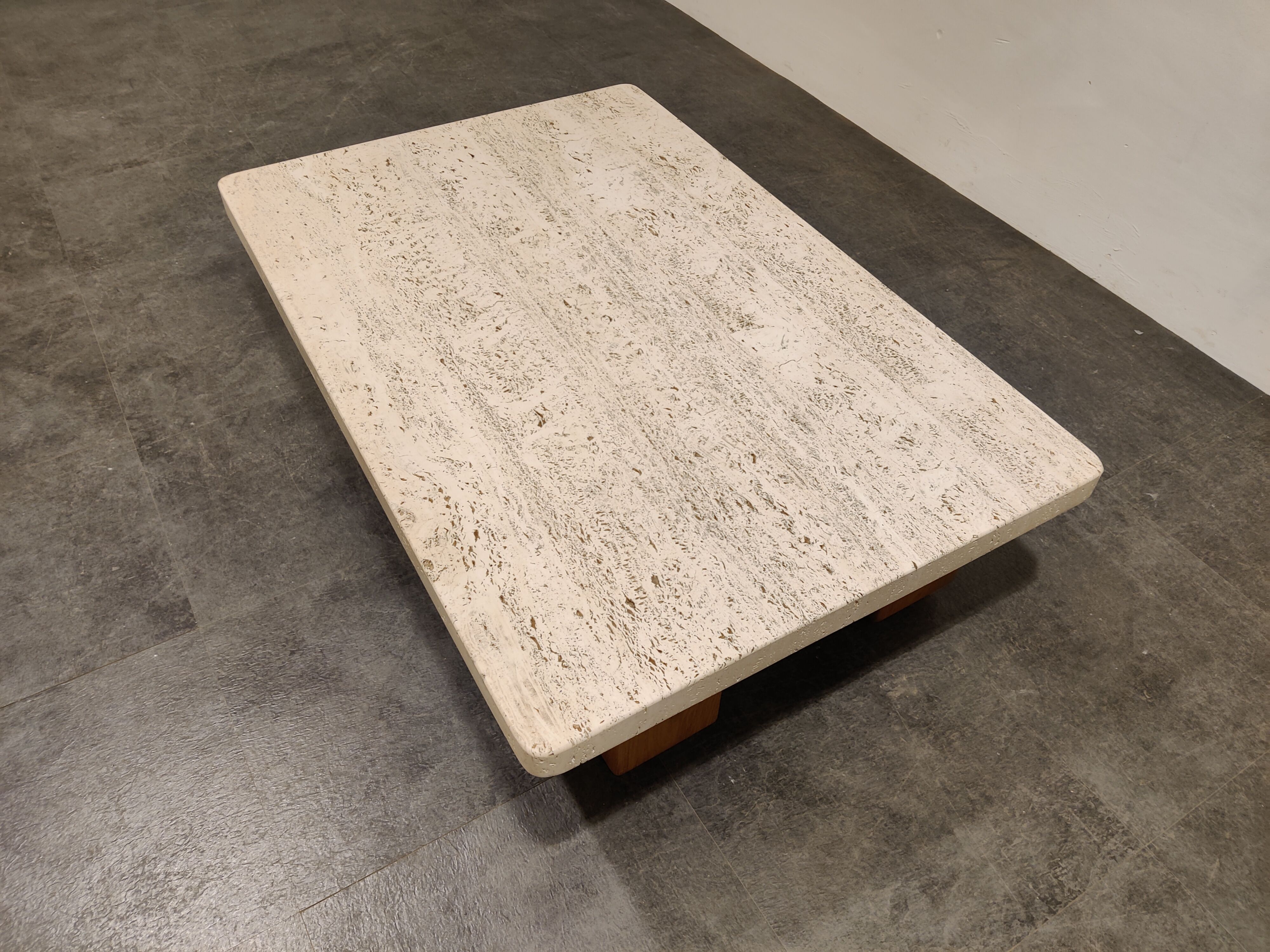 Vintage travertine and wooden coffee table, 1970s