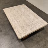 Vintage travertine and wooden coffee table, 1970s