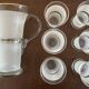 Jug + 6 frosted glass tumblers with white and gold rim.
