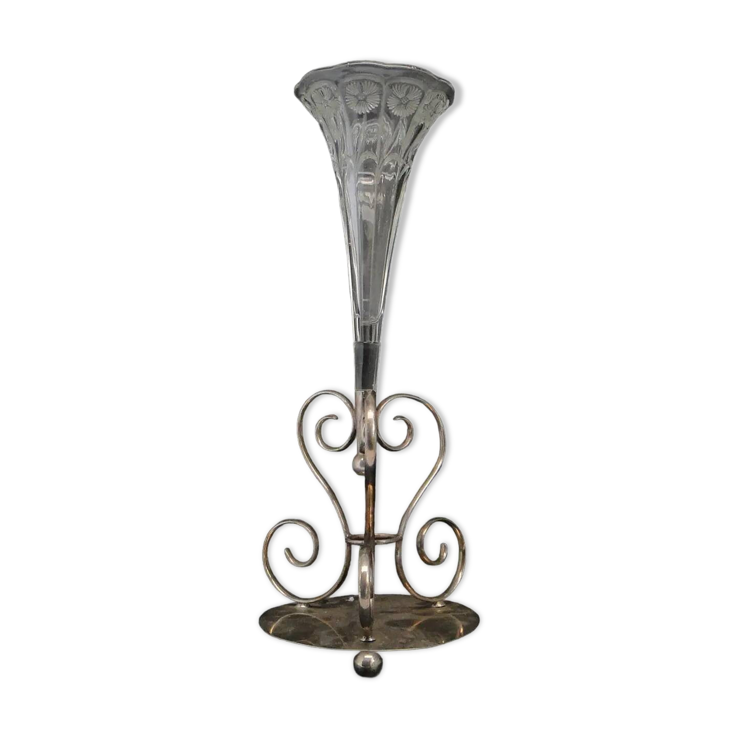 Trumpet vase, Art Nouveau, pressed glass and silver-plated brass, United Kingdom, early 20th century