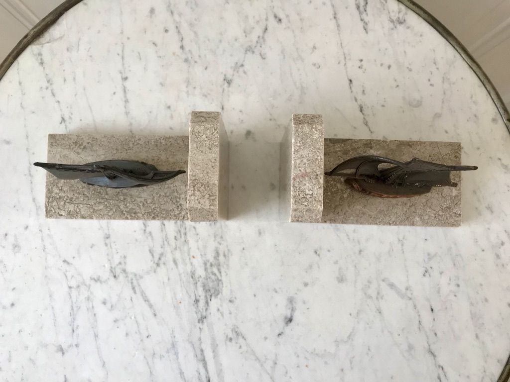 Pair of bookends boats in marble and steel 50s
