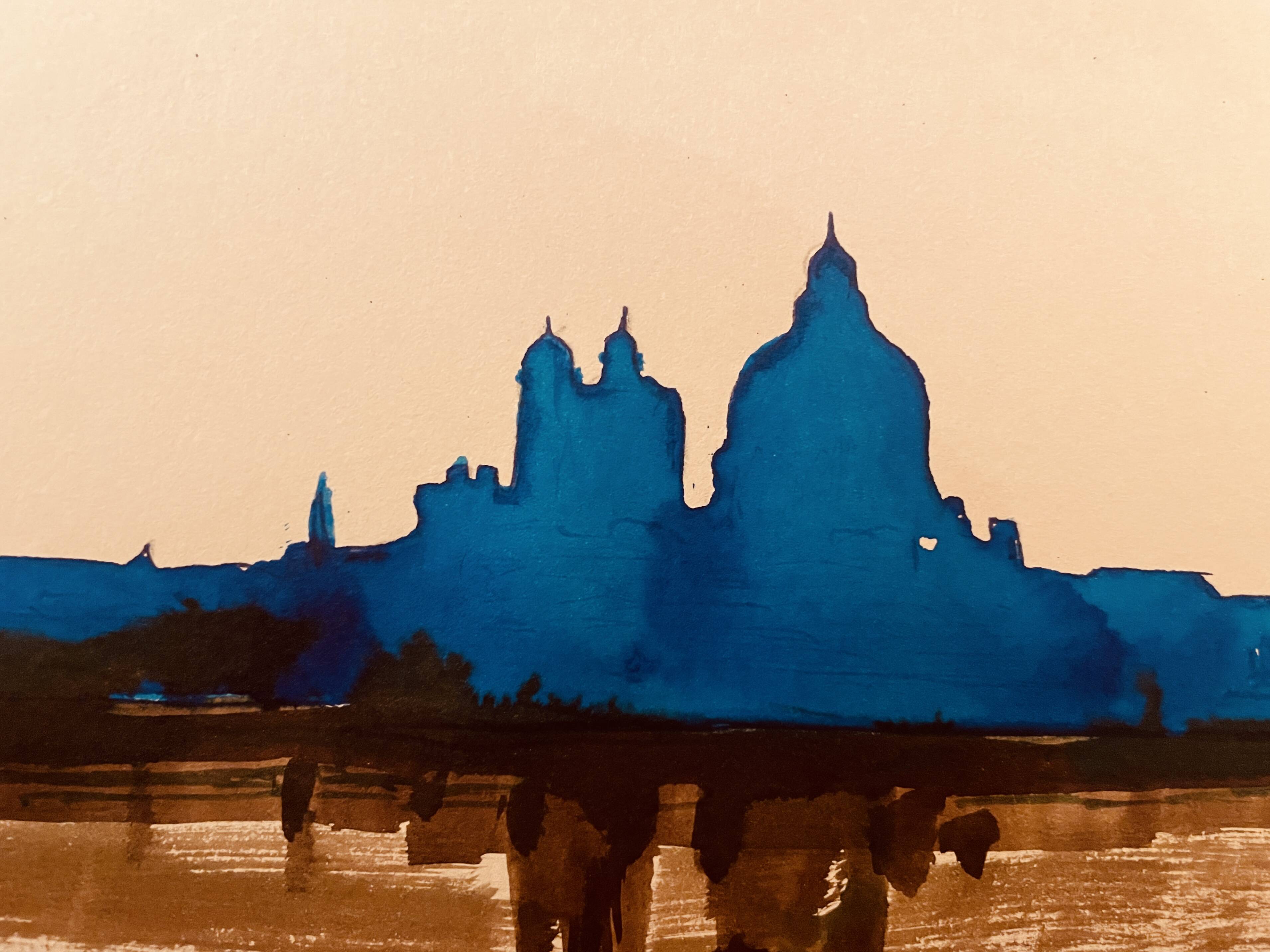 Signed watercolour painting in two colours "Twilight over Venice"