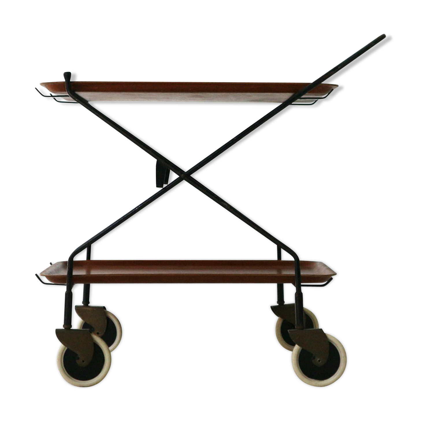 Mid-century modern foldable serving trolley with teak trays
