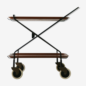 Mid-century modern foldable serving trolley with teak trays