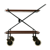 Mid-century modern foldable serving trolley with teak trays