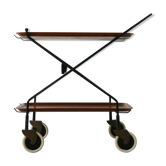 Mid-century modern foldable serving trolley with teak trays