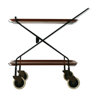 Mid-century modern foldable serving trolley with teak trays