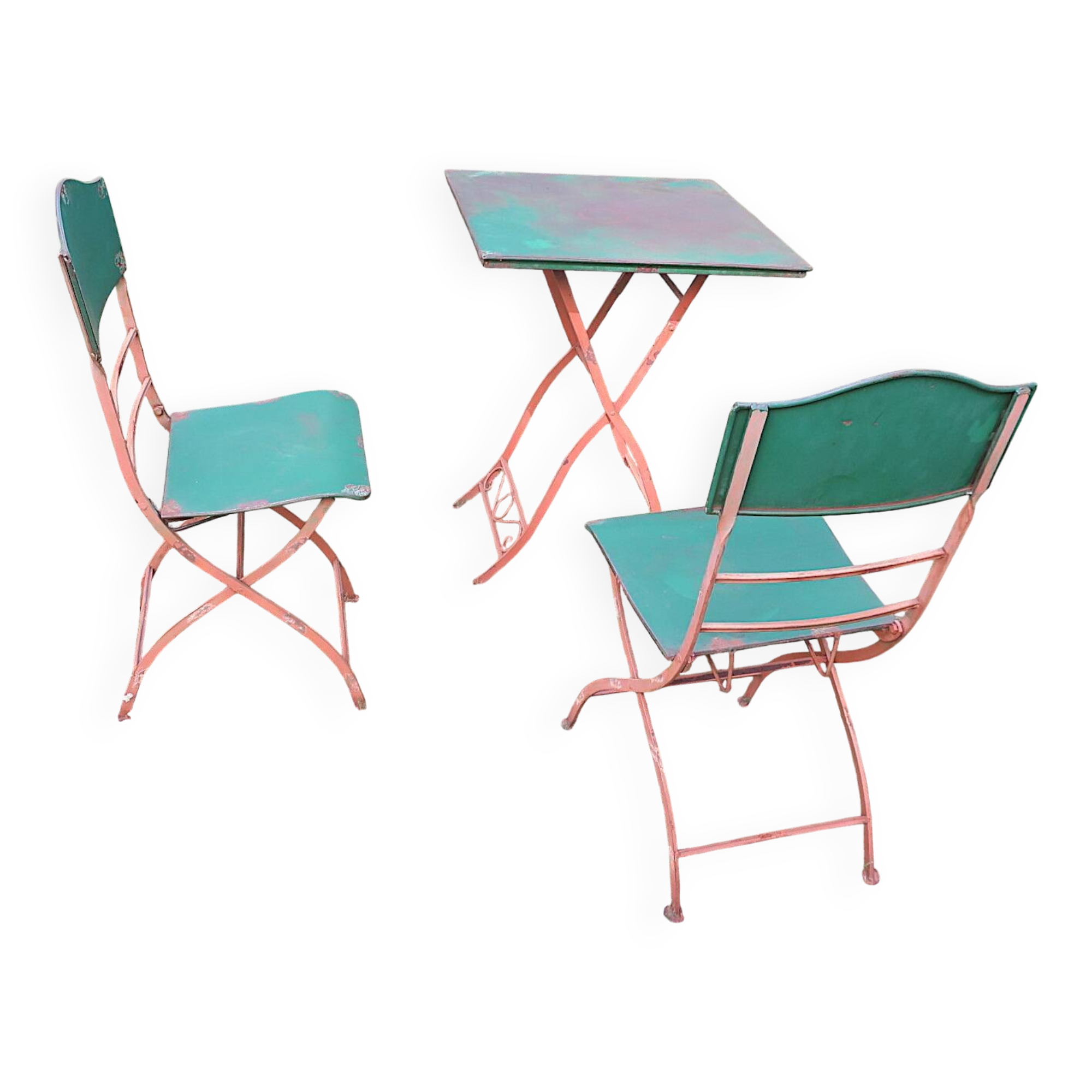 Mid century distressed painted iron garden table and 2 chairs, 1960s