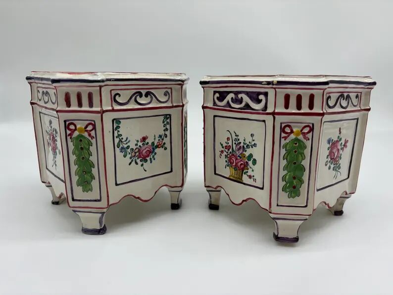 Pair of onion pots Samson 19th century Polychrome earthenware Strasbourg style Antique cache pots