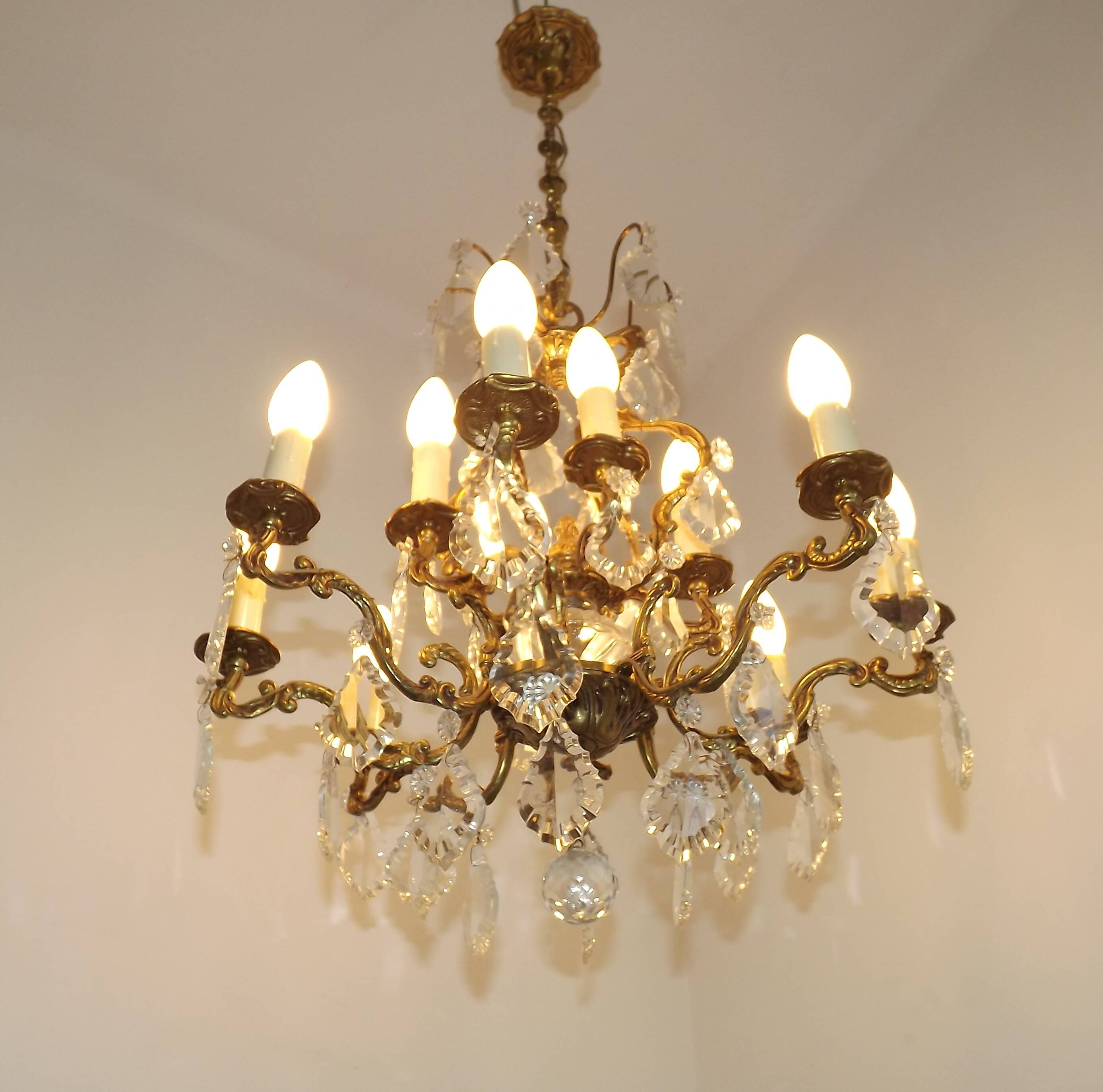 Lustre Cage 12 Lights Art Nouveau Bronze Glass and Crystal 5226