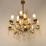 Lustre Cage 12 Lights Art Nouveau Bronze Glass and Crystal 5226