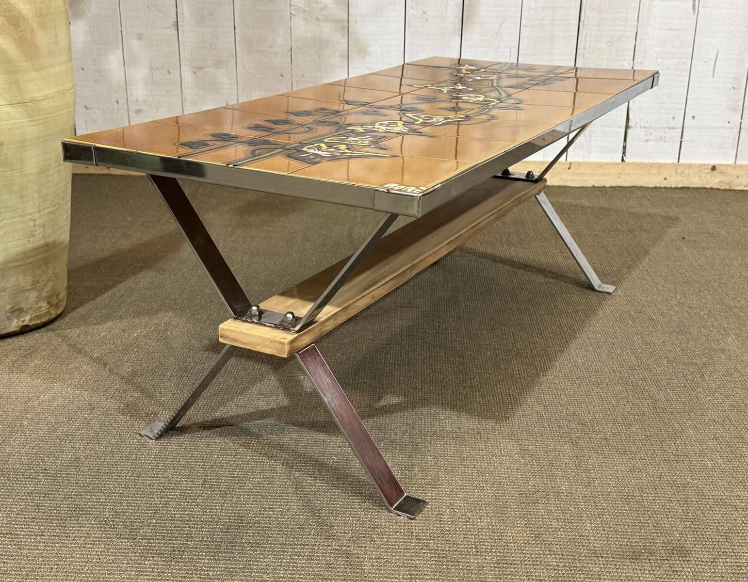 1970s coffee table, tiled top and chrome metal base.
