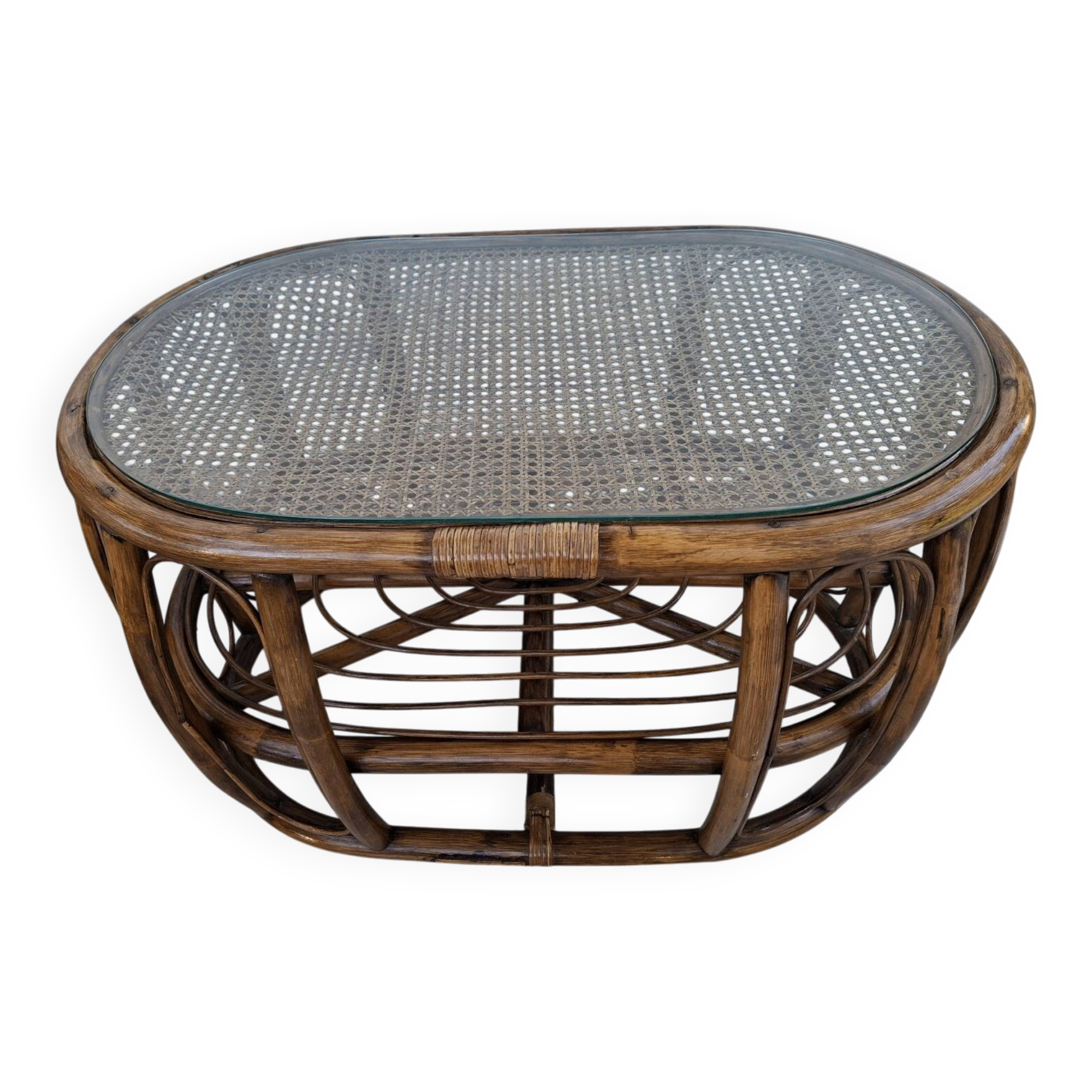 Oval coffee table in rattan and cane, vintage double top.
