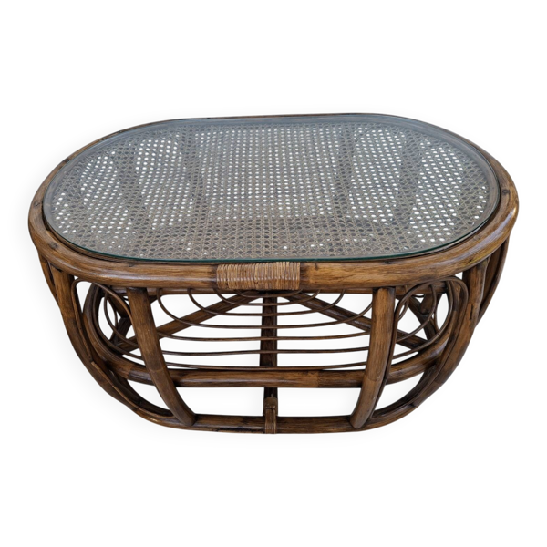 Table basse ovale en rotin et canage, double plateaux vintage