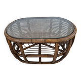 Oval coffee table in rattan and cane, vintage double top.