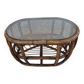 Oval coffee table in rattan and cane, vintage double top.