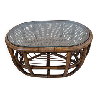 Oval coffee table in rattan and cane, vintage double top.