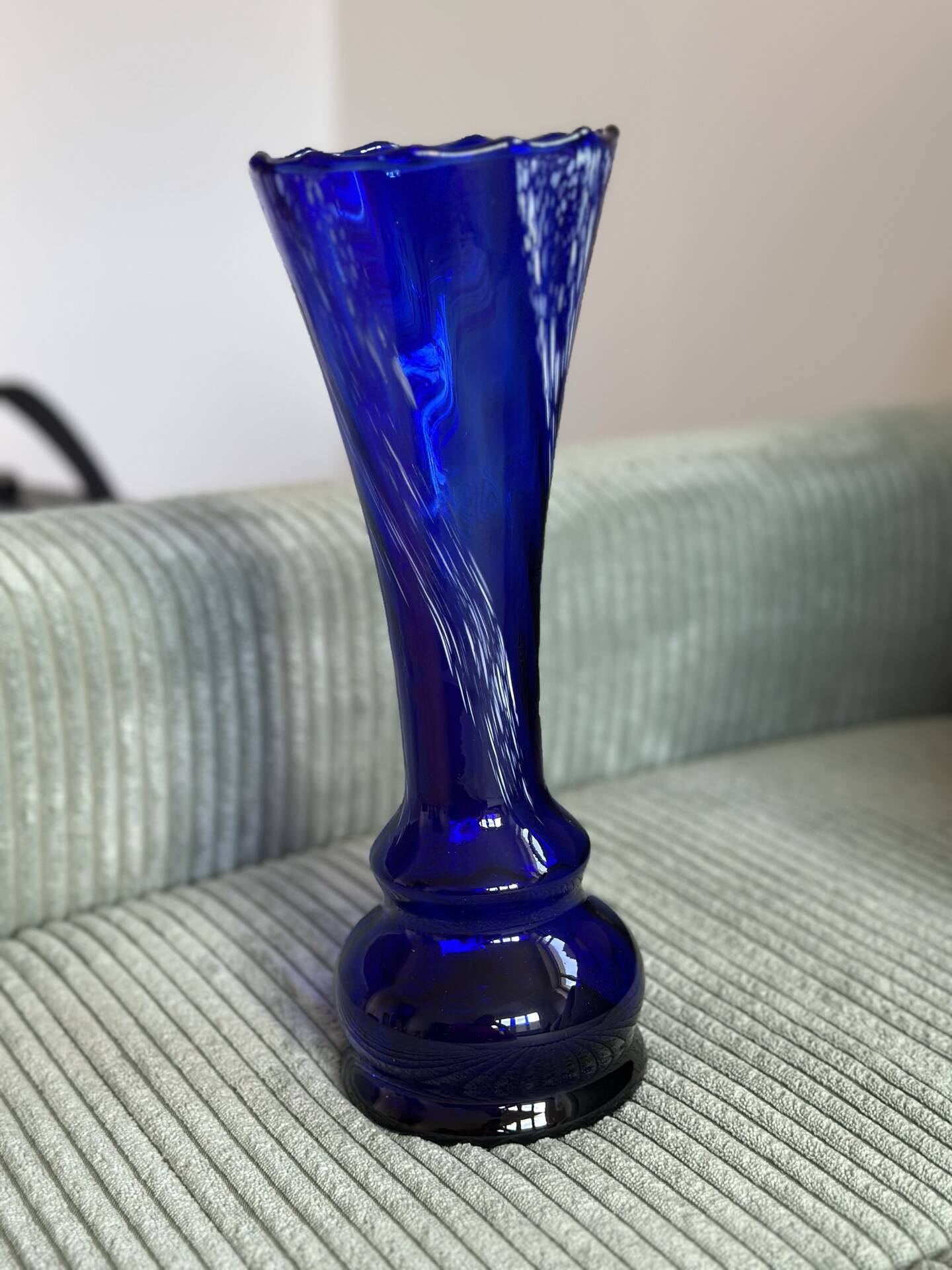 Cobalt blue blown glass vintage artisan vase, handmade, German.