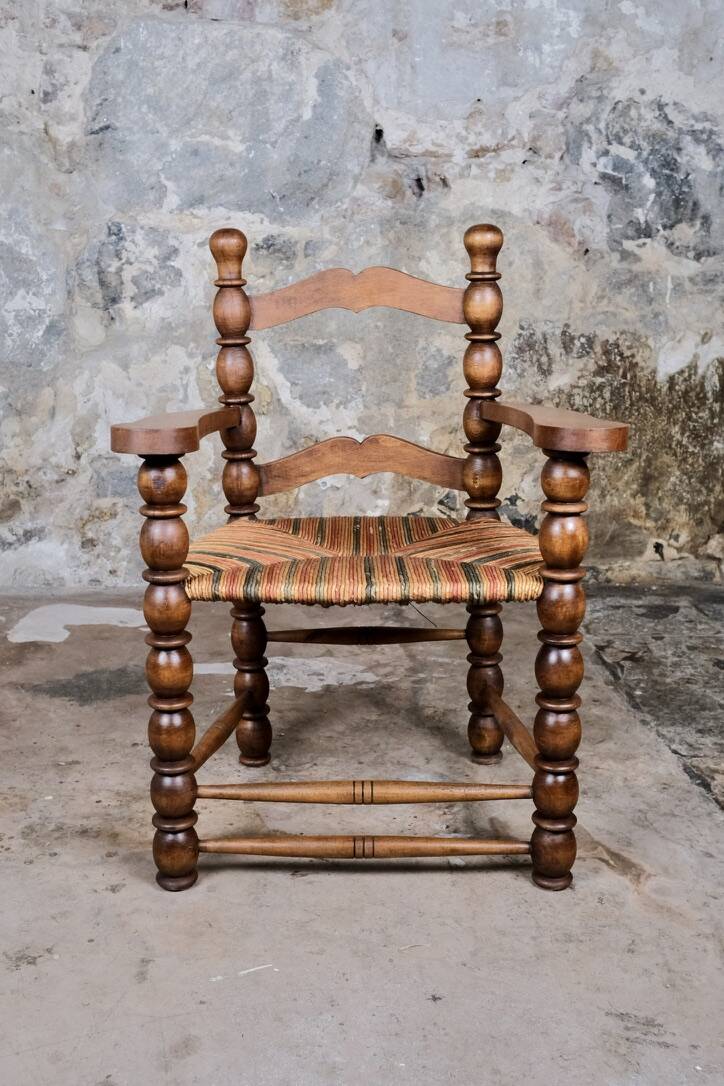Pair of turned wooden spool armchairs, mid-20th century, France