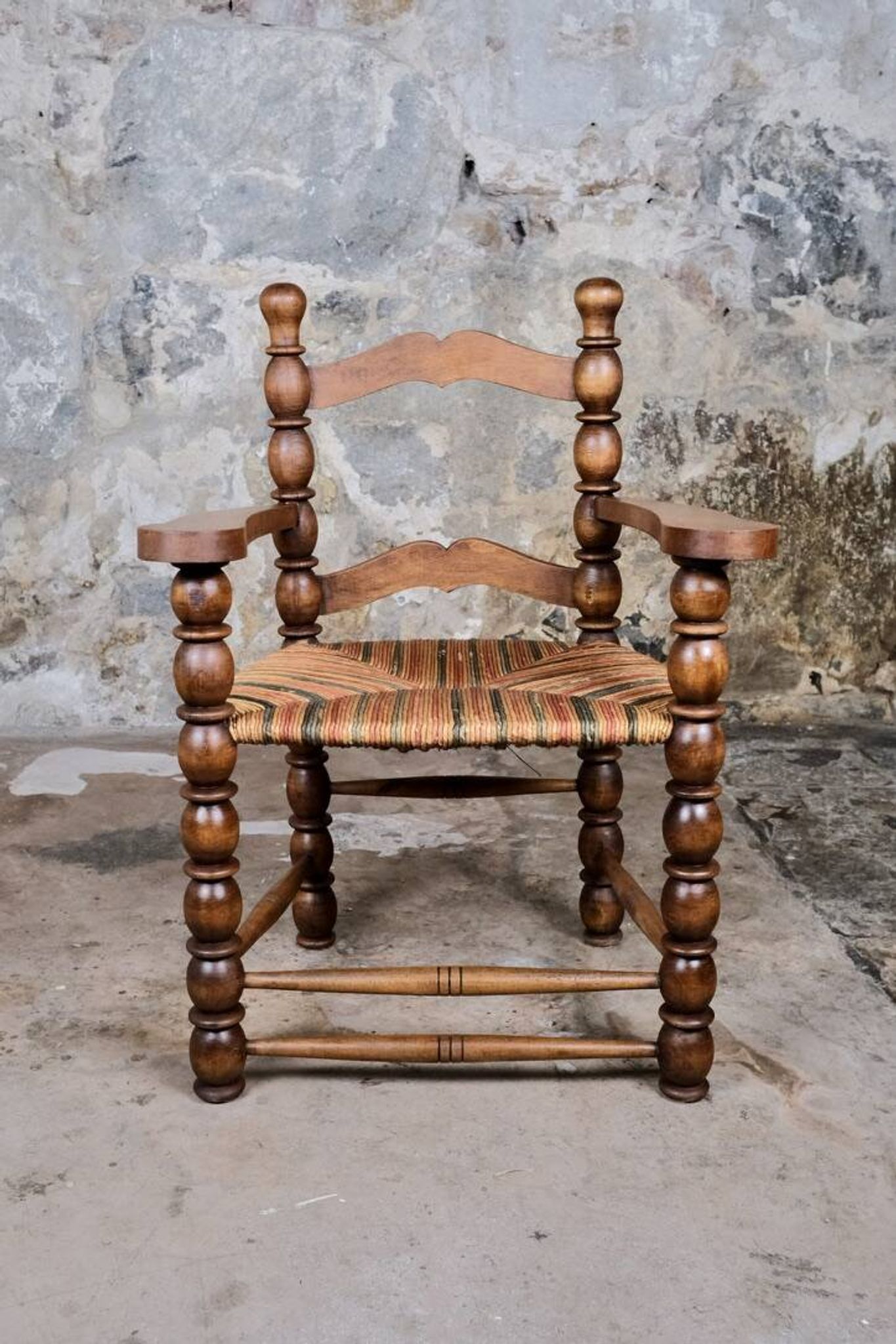 Pair of turned wooden spool armchairs, mid-20th century, France