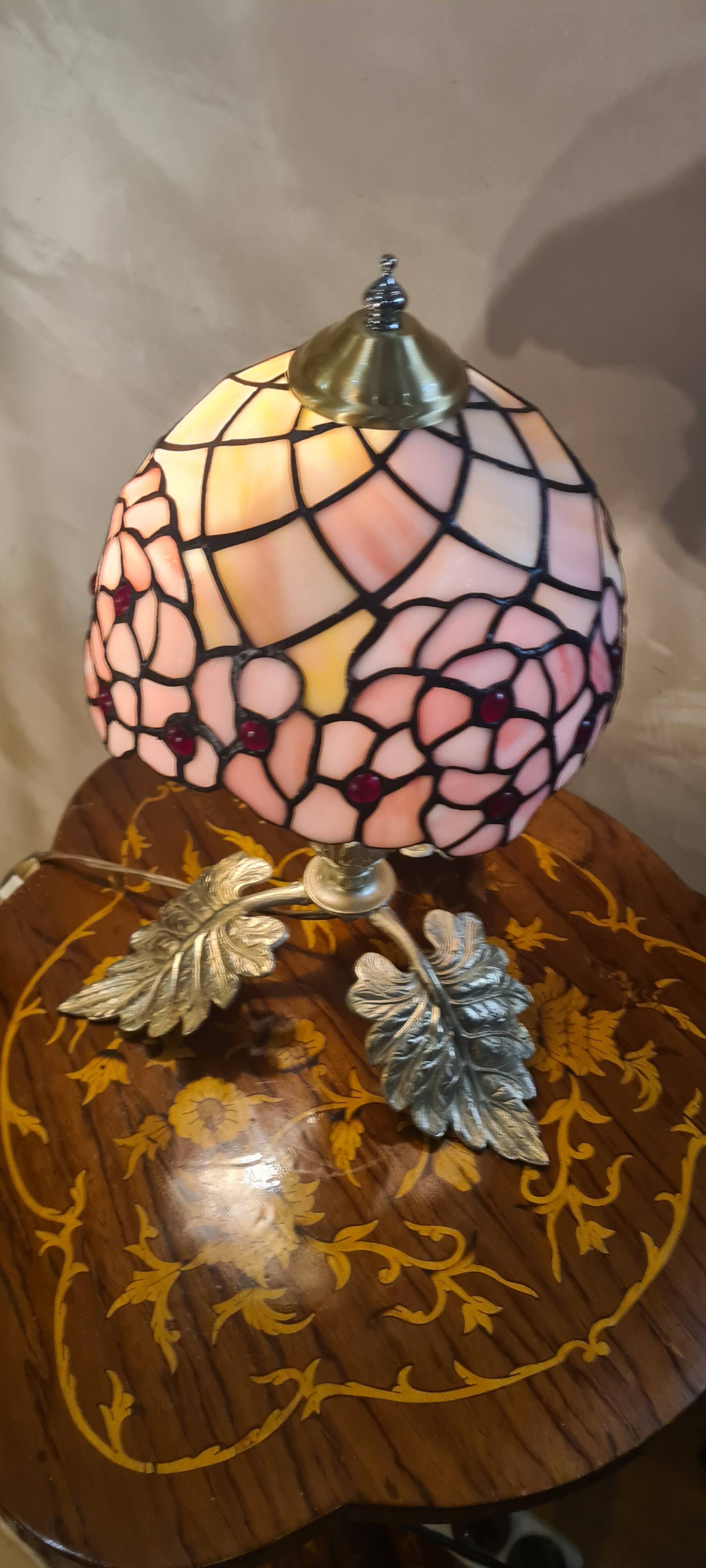 antique bronze lamp with leaf base and glass paste, art nouveau stained glass