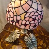 antique bronze lamp with leaf base and glass paste, art nouveau stained glass