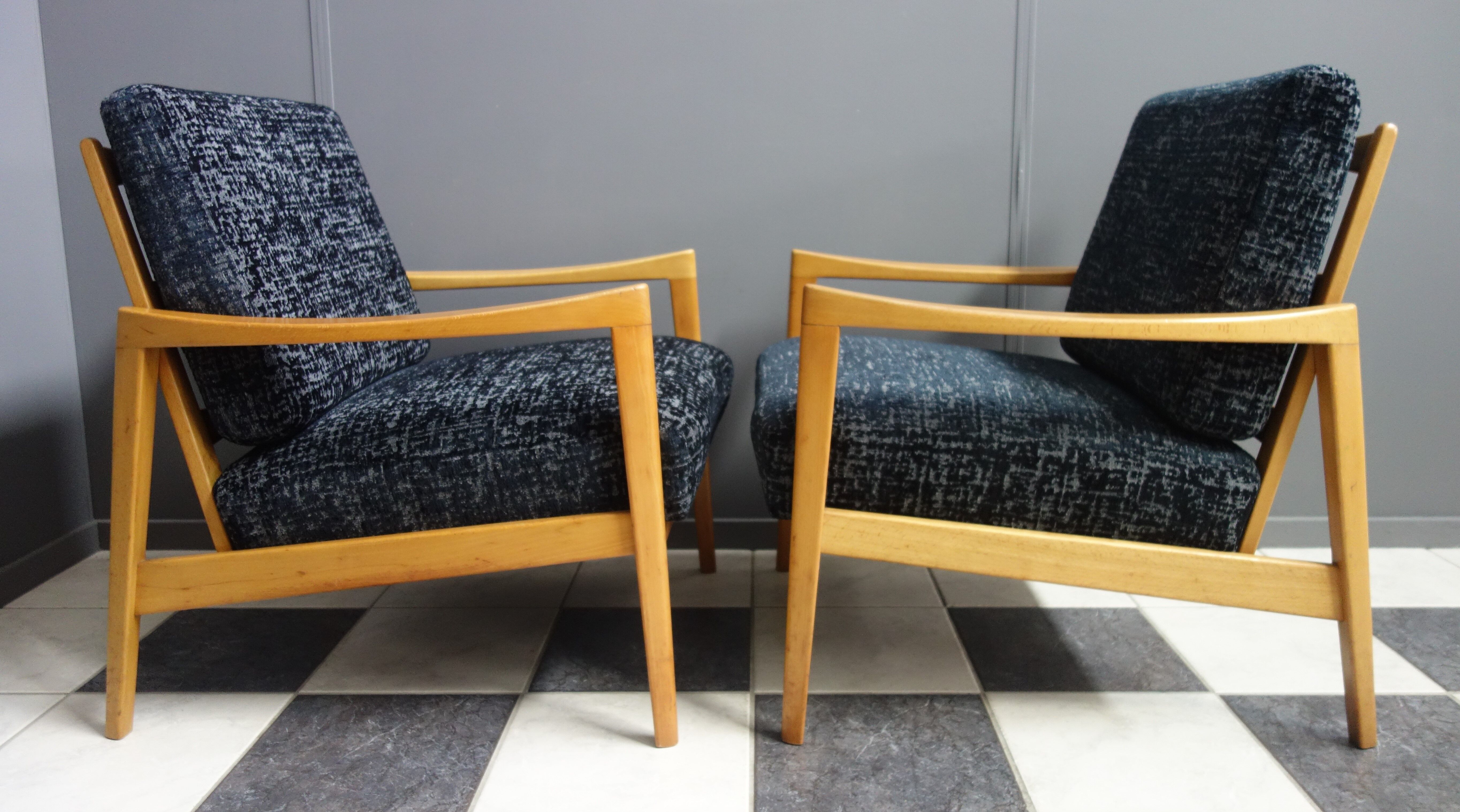 Black velvet-like fabric chairs in beech frame 1960s