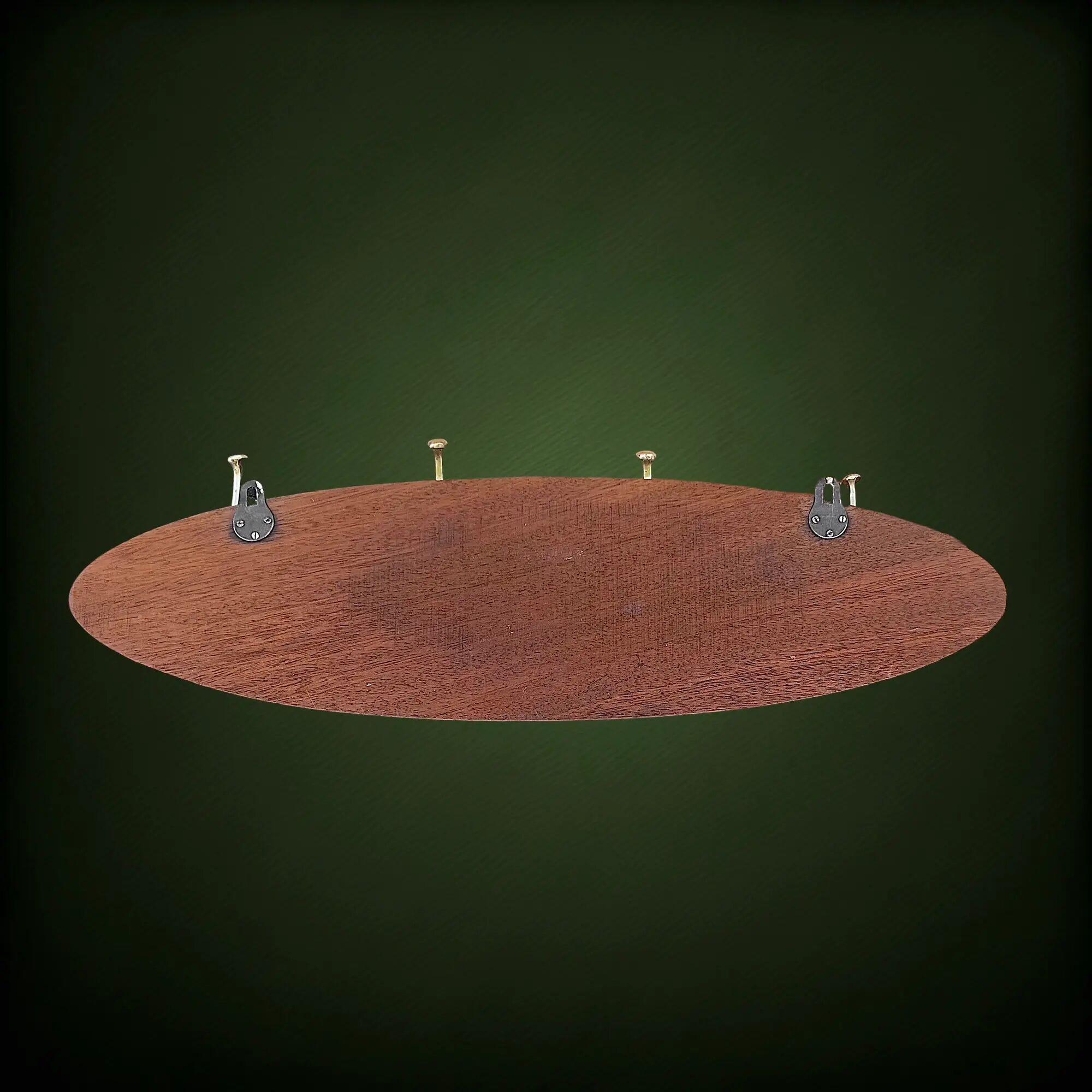 Vintage wooden wall coat rack with 4 double brass hooks – 1950s-60s