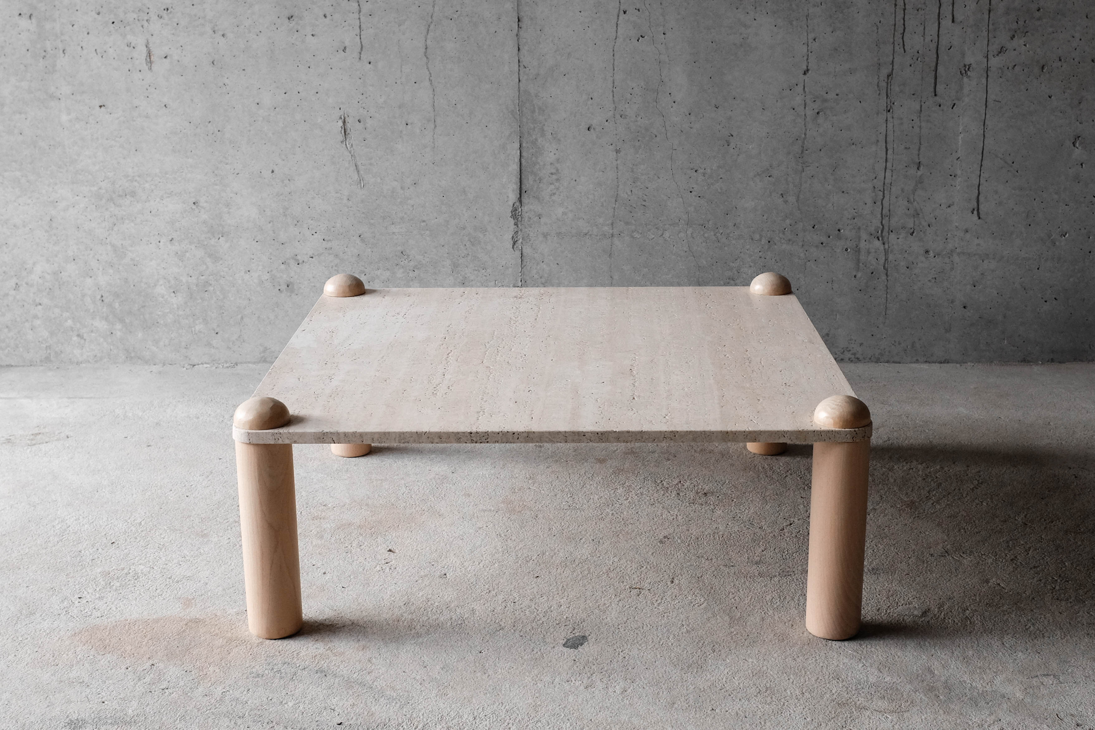Square bass table in travertine and solid wood - 70s
