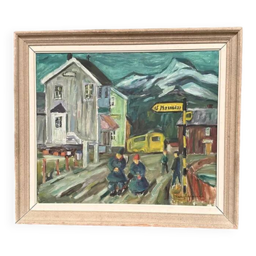 Original Swedish Oil on Canvas – “Figures in the Street” by Georg Andersson – Signed – Vintage & Framed – 60 x 42 cm (23.6" x 16.5")